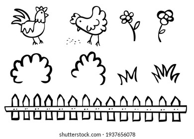 Doodle Outline Hand Draw Sketch Chicken, Rooster, Hen, Food, Flower, bush, Grass and wooden gate
