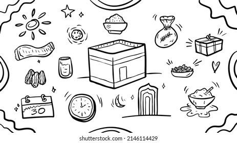 doodle outline hand drawn ramadan moslem vector illustration icon set template collection for coloring book and other