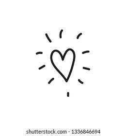 Doodle outline heart with sunburst isolated on white background.