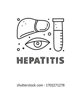 Doodle outline hepatitis medical icons including liver organ, eye, test tube and lettering isolated on white background.