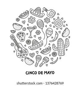 Doodle outline icons for Cinco de mayo celebration composed in circle shape.