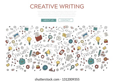 Doodle outline illustration of copywriting, copywriter. Template for landing page website, web banner. Vector 10 EPS