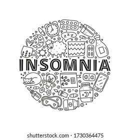 Doodle outline insomnia and bed time icons including pillow, clock, milk, sheep, moon, pills, book, smartphone, cat, sleep mask, teddy bear and lettering composed in circle shape.