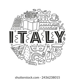 Doodle contorno Italia monumentos y atracciones con letras compuestas en forma de círculo aislado sobre fondo blanco. Cartel de concepto de viaje.