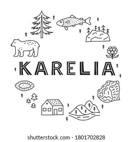 Doodle outline Karelia icons including waterfall, rocks, pine, pie, cloudberry, trout fish, bear, house composed in circle shape.