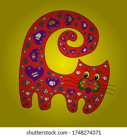 Doodle outline kitten. Tracery on yellow, purple and red versicolors. Art pattern for kids print, fabric, card. Pretty sketch animal. Sketch cat doodle set. Vector. Cartoon funny cats collection.