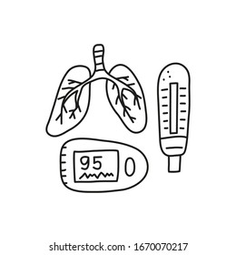 Doodle outline lungs, pick flow meter and pulse oximeter isolated on white background. Pulmonology vector illustration.