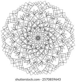 Doodle outline mandala with hearts and leaves, meditative coloring page vector illustration for kids and adults for Valentine's Day