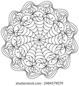 Doodle outline mandala in the shape of a cobweb, creative Halloween coloring page for activity vector illustration