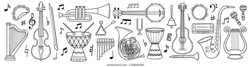 Doodle outline musical instruments set. Harp, saxophone, trumpet, drum, flute, French horn, violin, tambourine. Musical school concept. Hand drawn vector illustration. Isolated design elements