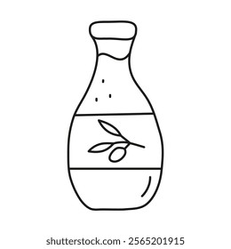 Doodle outline olive oil in glass bottle isolated on white background. Vegetable fats. Healthy nutrition concept.