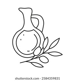 Doodle outline olive oil in glass jug and olive twigs isolated on white background. Vegetable fats. Healthy nutrition concept.