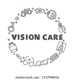 Doodle outline ophthalmology icons including runny eye, pipette bottle, cornea, lens case, glasses, loupe, pills blister composed in circle shape.