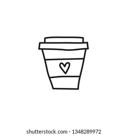 Doodle outline paper cup to go with heart isolated on white background.