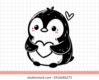 Doodle outline penguin holding heart. Vector illustration.
