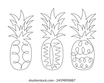 Doodle outline pineapple. Black and white illustration. Abstract continuous line drawn tropical fruit ananas. Line art design element. Ingredient for cocktail, tea, lemonade, dessert