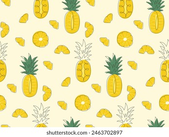 Doodle outline Pineapple seamless pattern. Exotic fruit. Summer funny background. Pattern with ananas for cover, wallpaper, packaging. Ingridient for juice, dessert