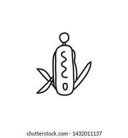 Doodle outline pocket jackknife icon isolated on white background.