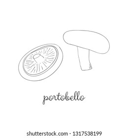 Doodle outline portobello mushrooms isolated on white background.