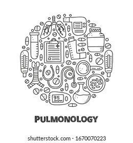 Doodle outline pulmonology items, including lungs, trachea, spirometer, loupe, bacteria, pulse oximeter, pick flow meter, pocket inhaler, stethoscope in circle shape.