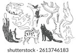 Doodle outline quirky cats hand drawn illustration, whimsical black ink cats print, cartoon pet line art