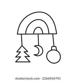 Doodle outline rainbow toy with fir tree, moon and Christmas ball isolated on white background. Cute New year symbol.