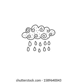 Doodle outline rainy cloud with swirls isolated on white background.
