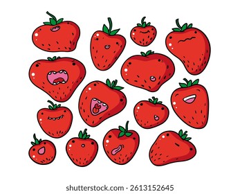 Doodle outline red strawberry with different emoji. Hand drawn sketch illustration. Cute smiles. Fruit characters