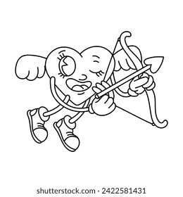 Doodle outline of a retro heart with wings releasing an arrow. A male character in a heart-shaped retro cartoon style, isolated on a white background, shoots an arrow. Vector Valentine's Day