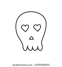 Doodle outline scull with hearts isolated on white background.