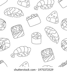 Doodle outline seamless pattern with sushi and rolls, vector illustration