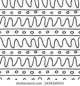 Doodle outline seamless Pattern. Wavy Line, stripes, rings hand drawn endless Linear background. Black scribble elements on white. Ink abstract texture for print design