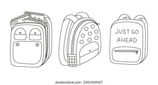 Doodle outline set of kids schoolbag with books and school supplies. Cute rucksack, bag, backpack for children, students. Hand drawn back to school clipart isolated on white. Childish illustration.