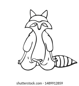 Doodle outline set of raccoon do yoga asanas for decoration design. Sketch character. Funny vector healthy concept illustration. 