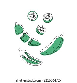 Doodle outline set whole and slice jalapeno chili pepper with spot. Vector hand-drawn illustration for packing isolated on transparent background