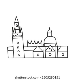 Doodle outline Seville Cathedral building isolated on white background.