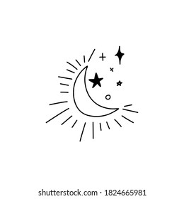 Doodle outline shining waning moon and stars of different shapes. Heavenly composition of the moon and the starry sky. Vector stock illustration isolated on white background.