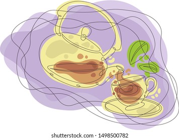 Doodle outline single continuous line contour hand drawn  silhouette isolated minimalism closed abstraction waves organic forms teapot pours hot tea into a cup, green leaves