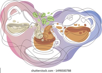 Doodle outline single continuous line contour hand drawn  silhouette isolated minimalism closed abstraction waves organic forms gradient tea set, hot tea, tea leaves, teapot, milk jug, cup