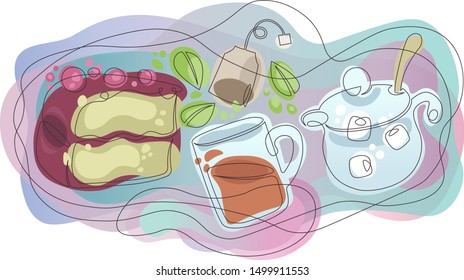 Doodle outline single continuous line contour hand drawn  silhouette isolated minimalism closed abstraction waves organic forms gradient tea set, hot tea, tea pot, sugar bowl,piece of cake, tea party