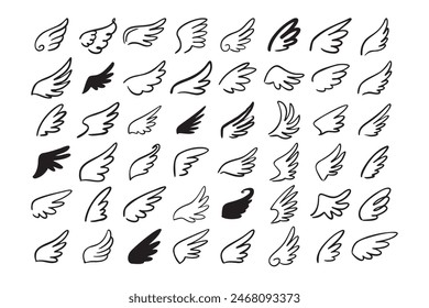 Doodle outline sketch angel wings. Angel feather wing, silhouette. Linear fly winged angels, flying heaven hand drawn doodle icons. Vector illustration