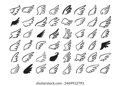 Doodle outline sketch angel wings. Angel feather wing, silhouette. Linear fly winged angels, flying heaven hand drawn doodle icons. Vector illustration