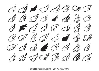 Doodle outline sketch angel wings. Angel feather wing, silhouette. Linear fly winged angels, flying heaven hand drawn doodle icons. Vector illustration