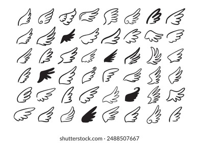 Doodle outline sketch angel wings. Angel feather wing, silhouette. Linear fly winged angels, flying heaven hand drawn doodle icons. Vector illustration