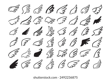 Doodle outline sketch angel wings. Angel feather wing, silhouette. Linear fly winged angels, flying heaven hand drawn doodle icons. Vector illustration