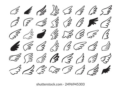 Doodle outline sketch angel wings. Angel feather wing, silhouette. Linear fly winged angels, flying heaven hand drawn doodle icons. Vector illustration