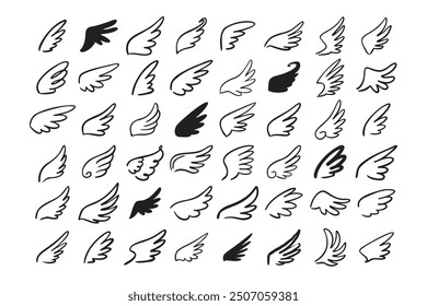 Doodle outline sketch angel wings. Angel feather wing, silhouette. Linear fly winged angels, flying heaven hand drawn doodle icons. Vector illustration