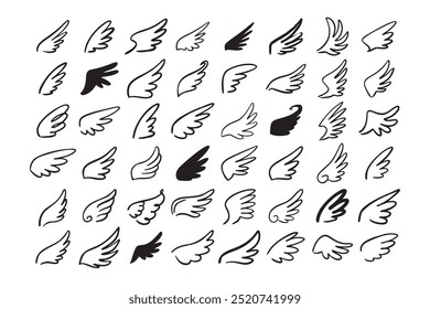 Doodle outline sketch angel wings. Angel feather wing, silhouette. Linear fly winged angels, flying heaven hand drawn doodle icons. Vector illustration