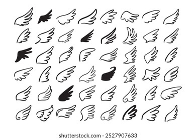 Doodle outline sketch angel wings. Angel feather wing, silhouette. Linear fly winged angels, flying heaven hand drawn doodle icons. Vector illustration