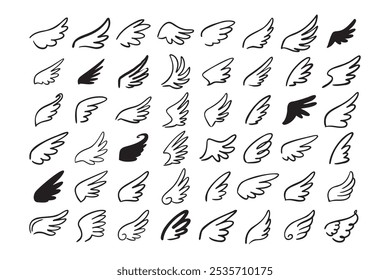 Doodle outline sketch angel wings. Angel feather wing, silhouette. Linear fly winged angels, flying heaven hand drawn doodle icons. Vector illustration